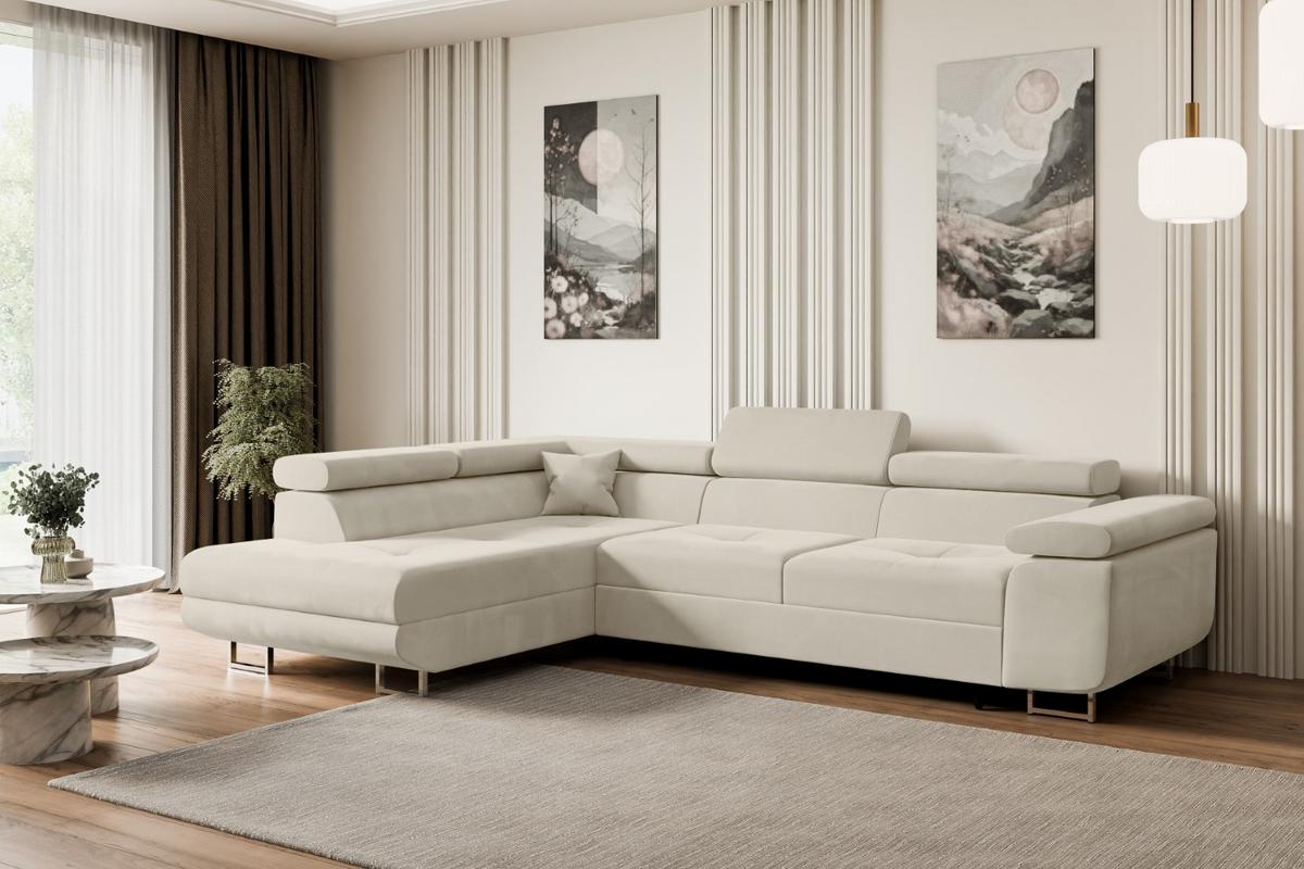 ECKSOFA mit Schlaffunktion und Bettkasten GUSA-L 272x202x107 cm Beige Velours - Beige/Silberfarben, Holzwerkstoff/Textil (202/272cm) - ALTDECOR