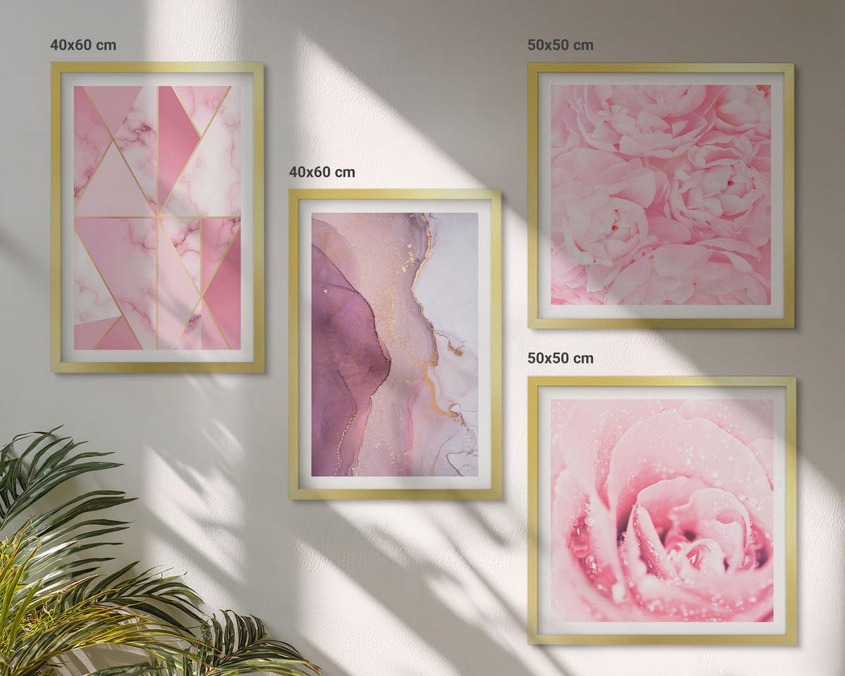 BILDER SET 4er Set - 50x50 cm & 40x60 cm Goldrahmen - Rosa geometrische Pfingstrosen - Goldfarben, Kunststoff (50/50cm) - TULUP