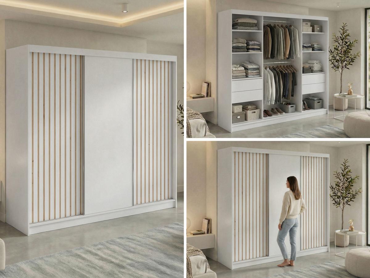 SCHWEBETÜRENSCHRANK mit Lamellen und Schubladen LUMOS - 240 - Weiß und Eiche Artisan - Alufarben/Weiß, Holzwerkstoff/Metall (240/216/61cm) - MKS