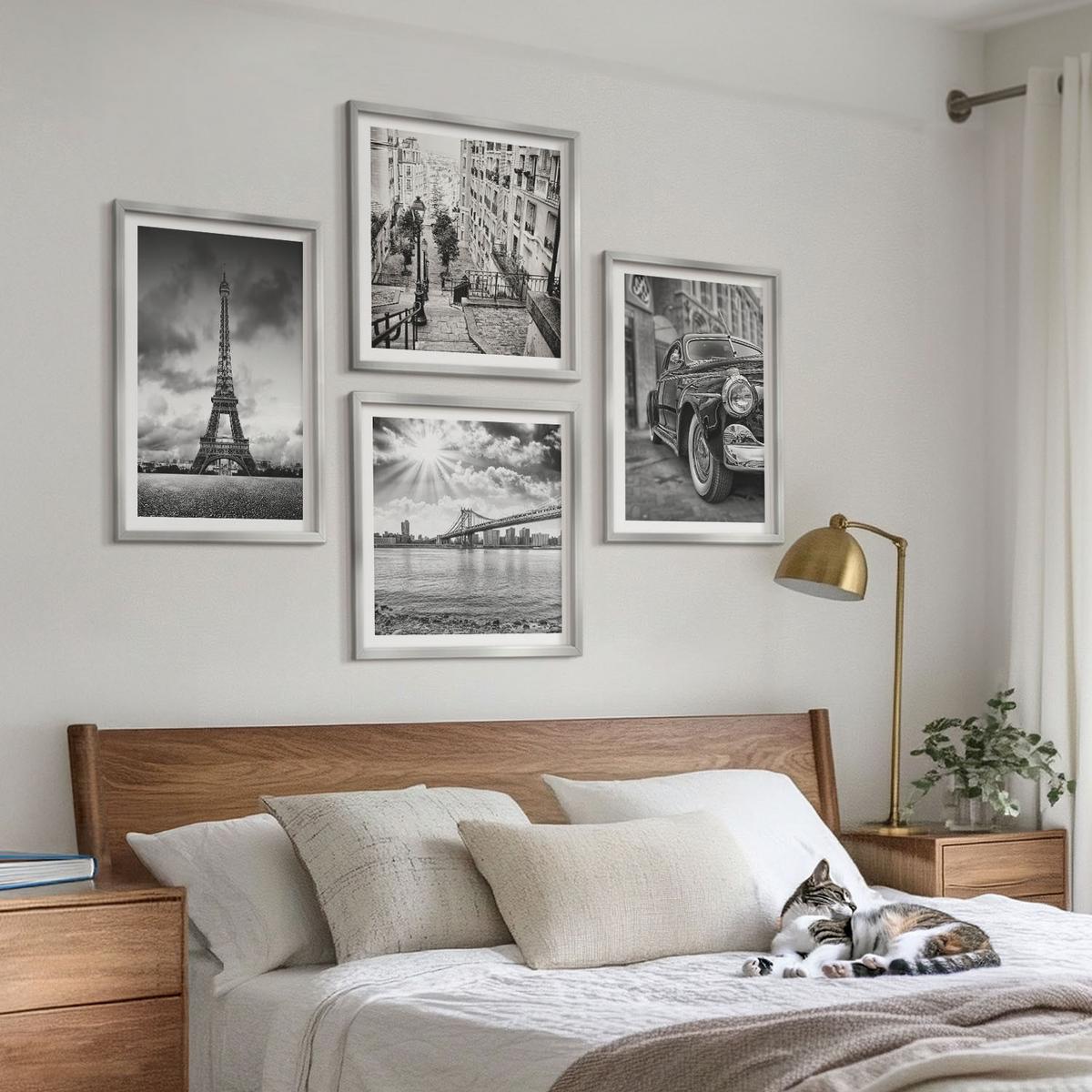 BILDER SET 4er Set - 50x50 cm & 40x60 cm Silberner Rahmen - Stadtansichten, Brücken, Eiffelturm, Auto - Silberfarben, Kunststoff (50/50cm) - TULUP