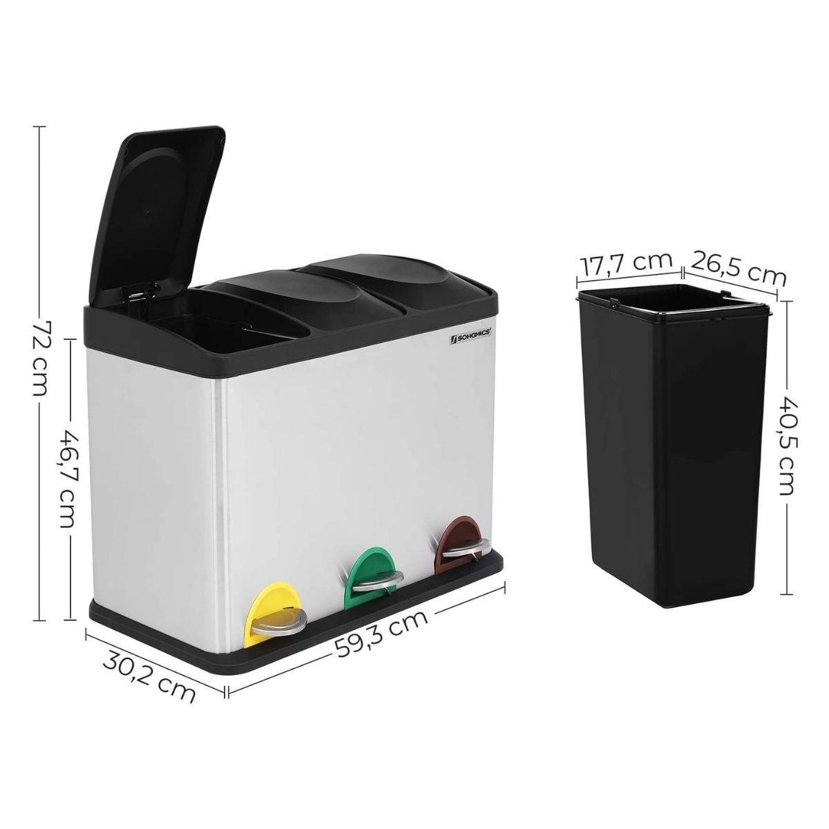 ABFALLEIMER mit 3 Behältern 45L mit Pedal silbergrau - Silberfarben, Metall (33/48/64cm) - Calicosy
