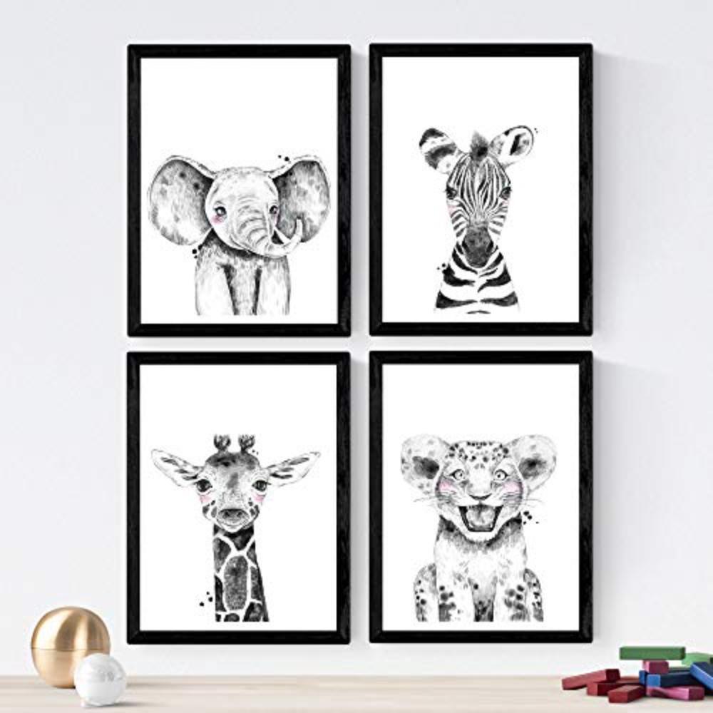 POSTER Set mit 4 SchwarzweissKinderTieren A3 Schwarzer Rahmen - Schwarz, Papier (29.7/3cm) - Nacnic