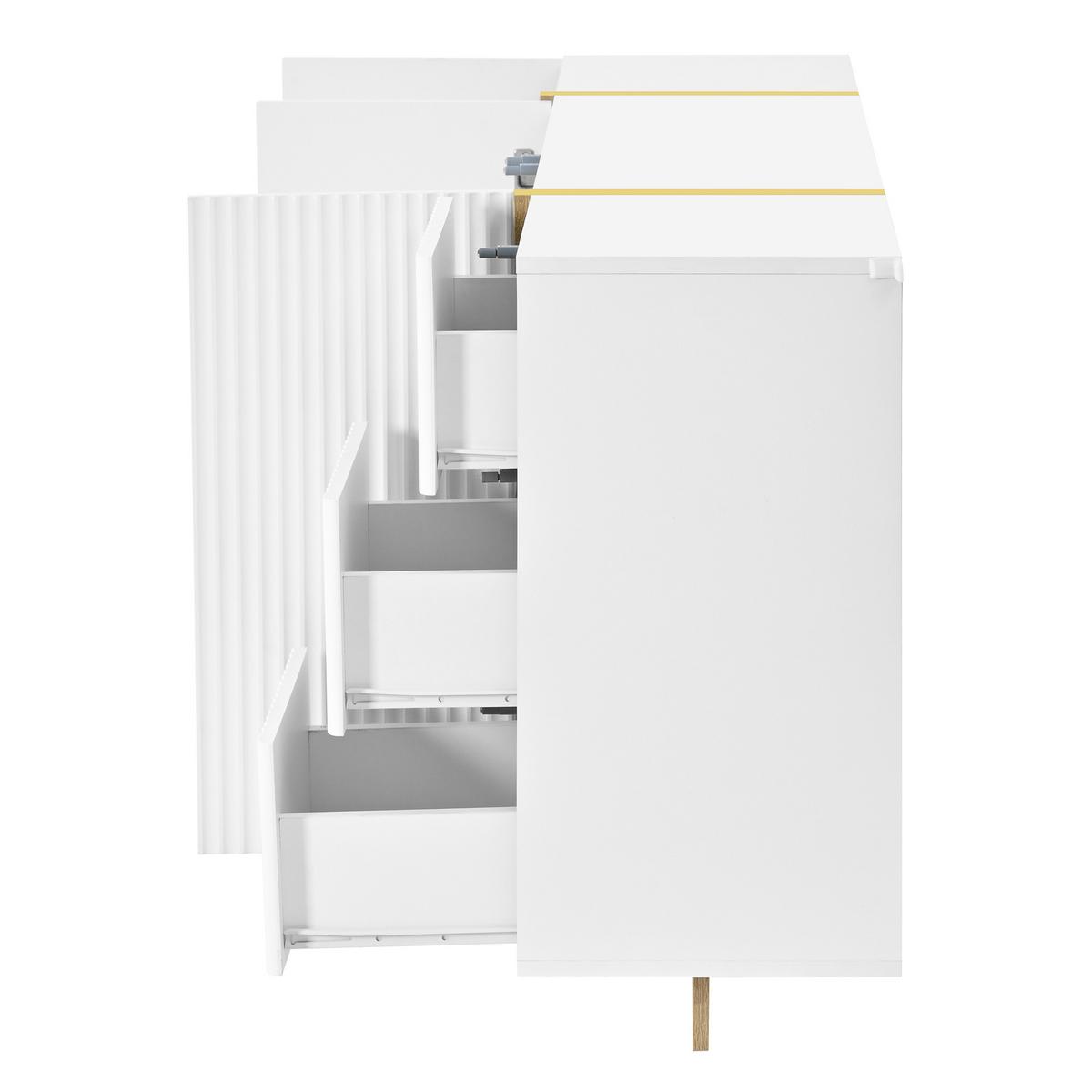 SIDEBOARD Weiß 140cm Rillenfront mit 3 Türen 3 Schubladen & Gold-Details - Weiß, Holzwerkstoff (140/75/36cm) - Urban Meuble