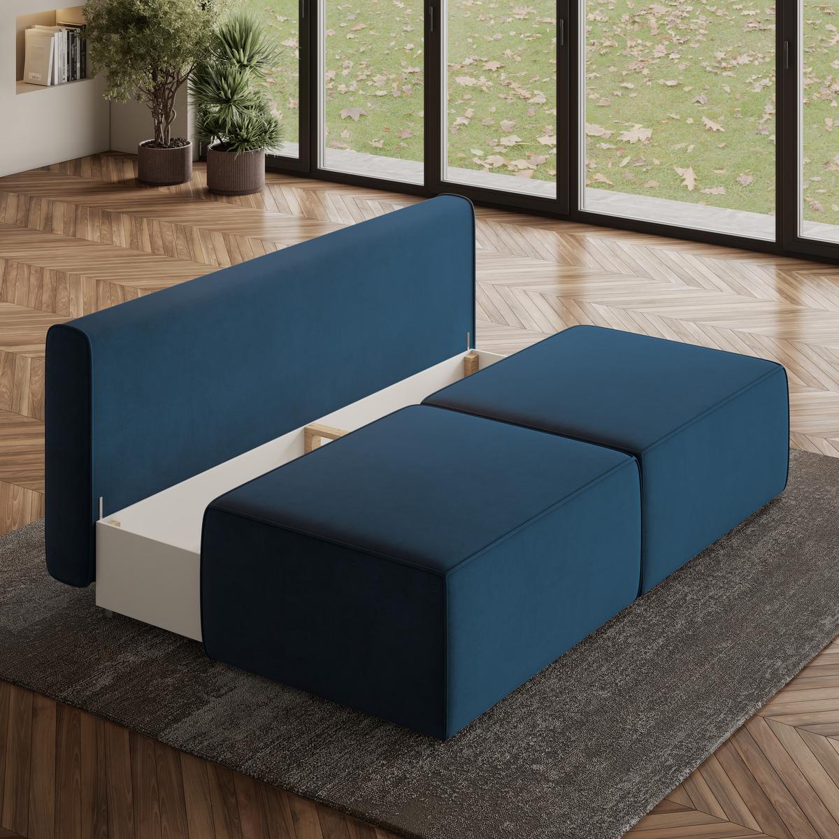 ECKSOFA VARNA M Blau Velours-Stoff mit Schlaffunktion - Blau/Grau, Holz/Kunststoff (196/158cm) - MASSENO