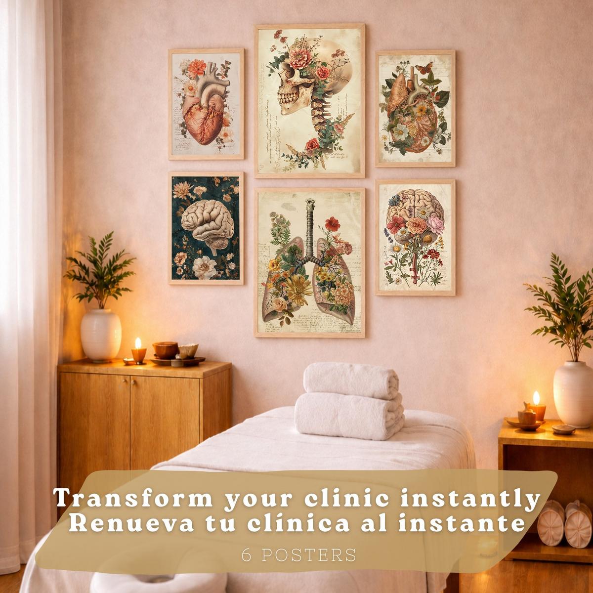 POSTER Set aus 6 Botanische Anatomie Drucke mit Herz Lungen Wirbelsäule Becken und Rippen Beige Terrakotta Erdtöne Leichter Holzrahmen A3 & A4 - Beige, Papier (29.7/42/3cm) - Nacnic