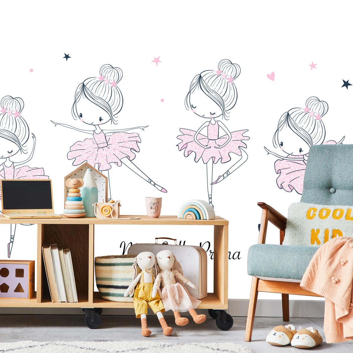 FOTOTAPETE für Kinderzimmer Kleine Ballerinen Tanzen Herzen Sterne 200x140 - Weiß, Papier (200/140cm) - Muralo