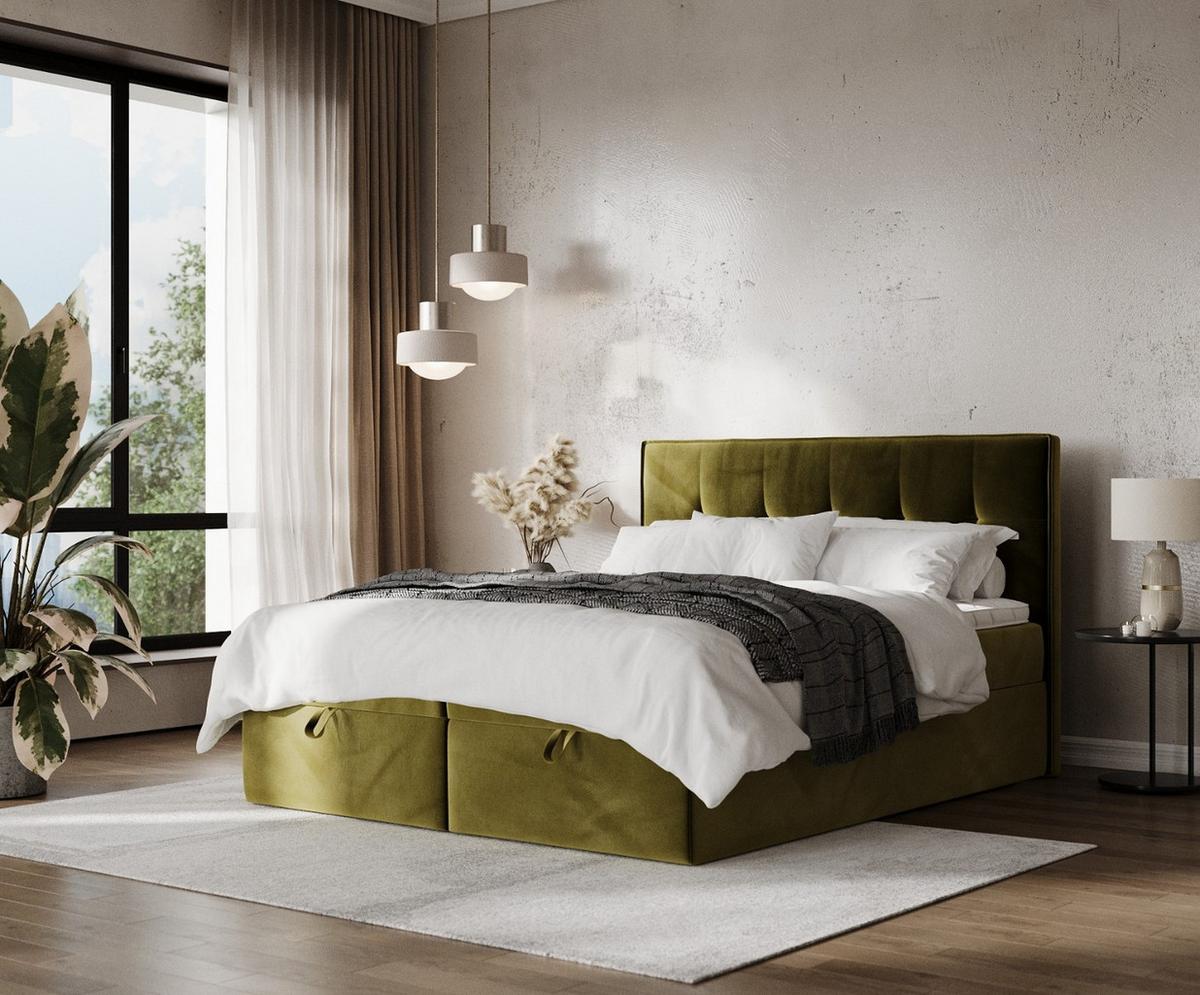BOXBETT Tivra 160/200 cm Olivgrün im Kronos Stoff - Schwarz/Olivgrün, Holz/Holzwerkstoff (160/200cm) - AltaBeds