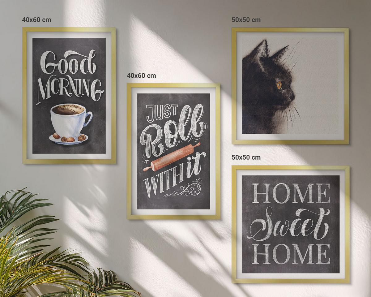 BILDER SET 4er Set - 50x50 cm & 40x60 cm Goldrahmen - Hausküchenthemen Katze - Goldfarben, Kunststoff (50/50cm) - TULUP