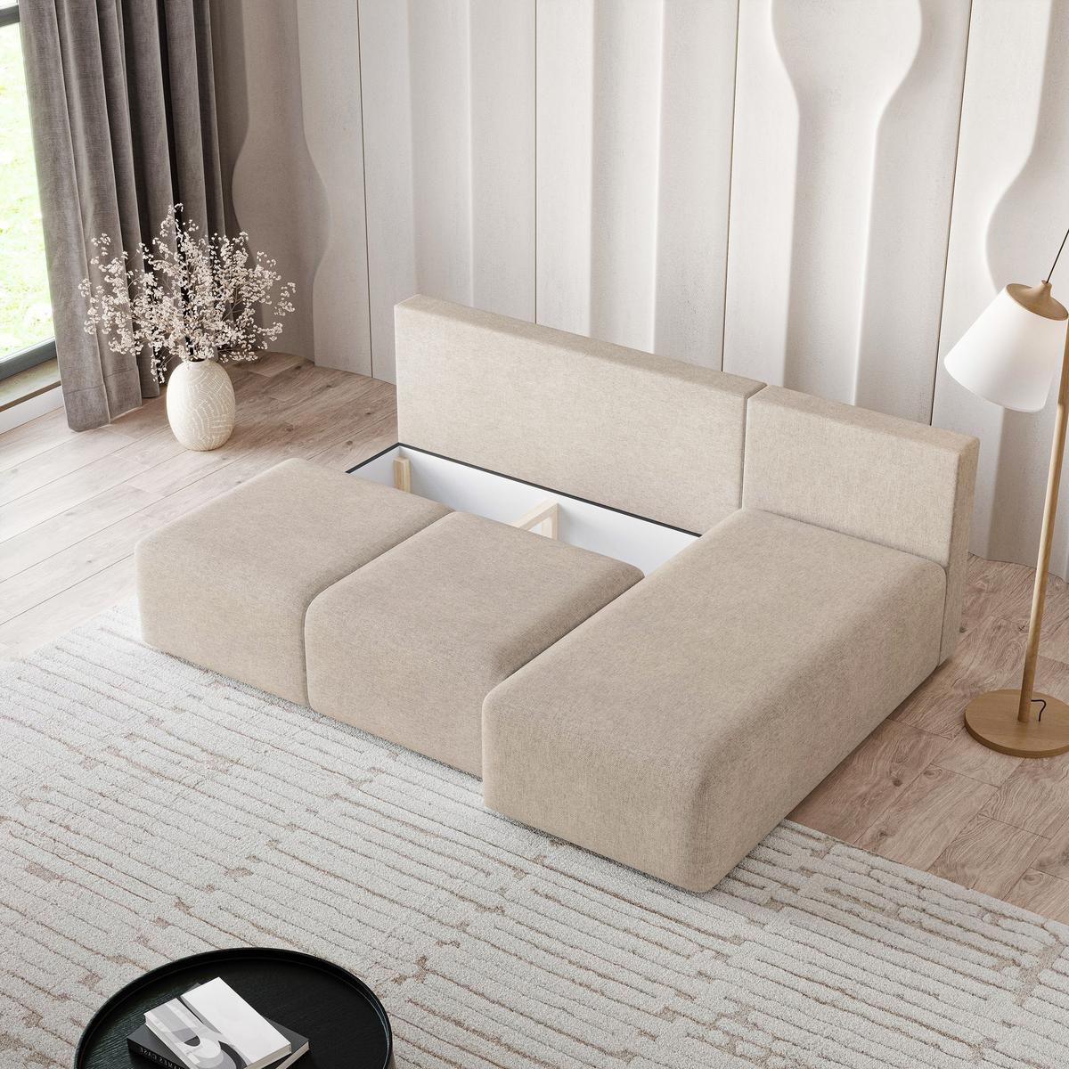 ECKSOFA TRAMA Beige Geflochtener Stoff mit Schlaffunktion - Beige, Holz (200/143cm) - MASSENO