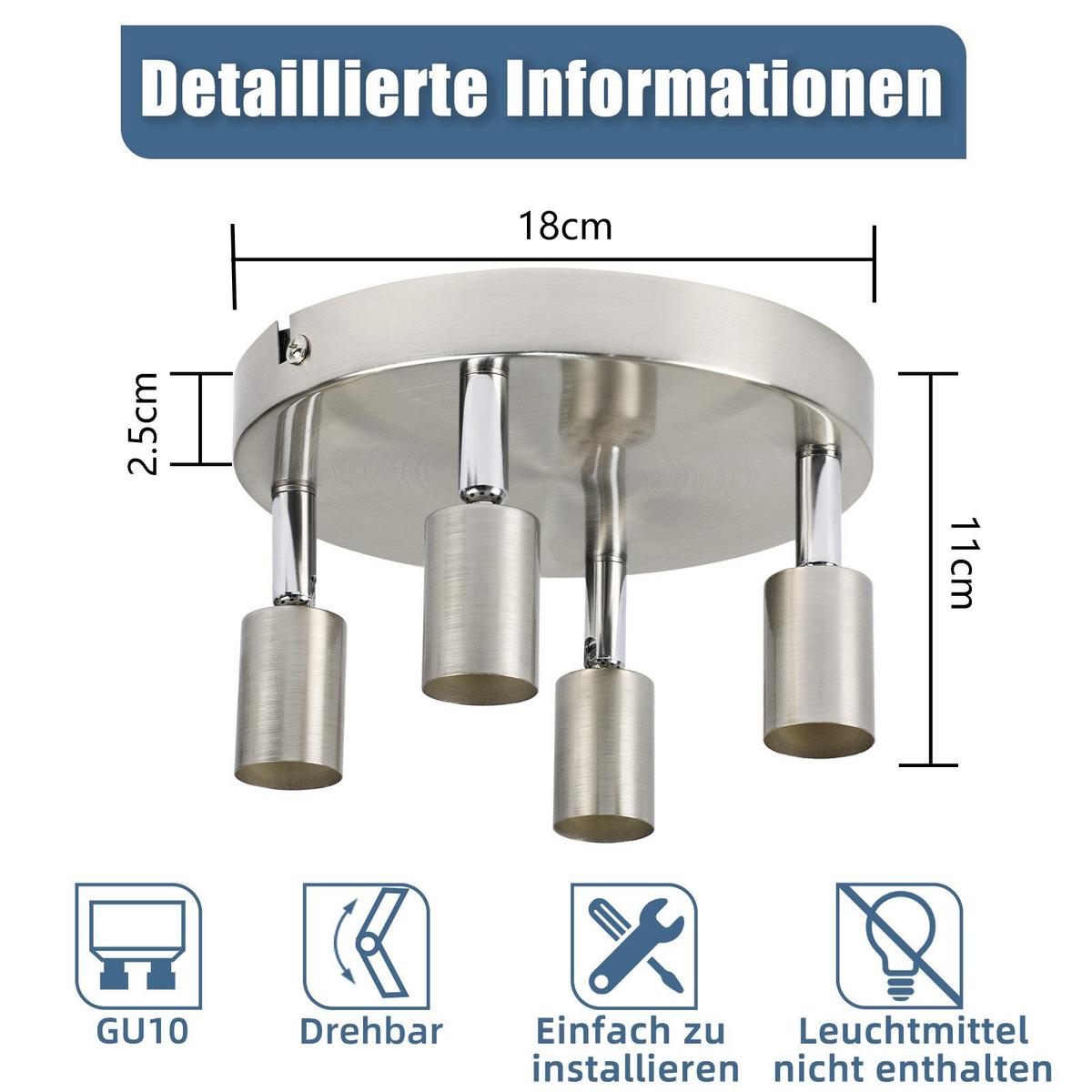 DECKENSTRAHLER Birtha 4-flammig 18/18/11 cm - Silberfarben, Metall (18/18/11cm) - Nettlife