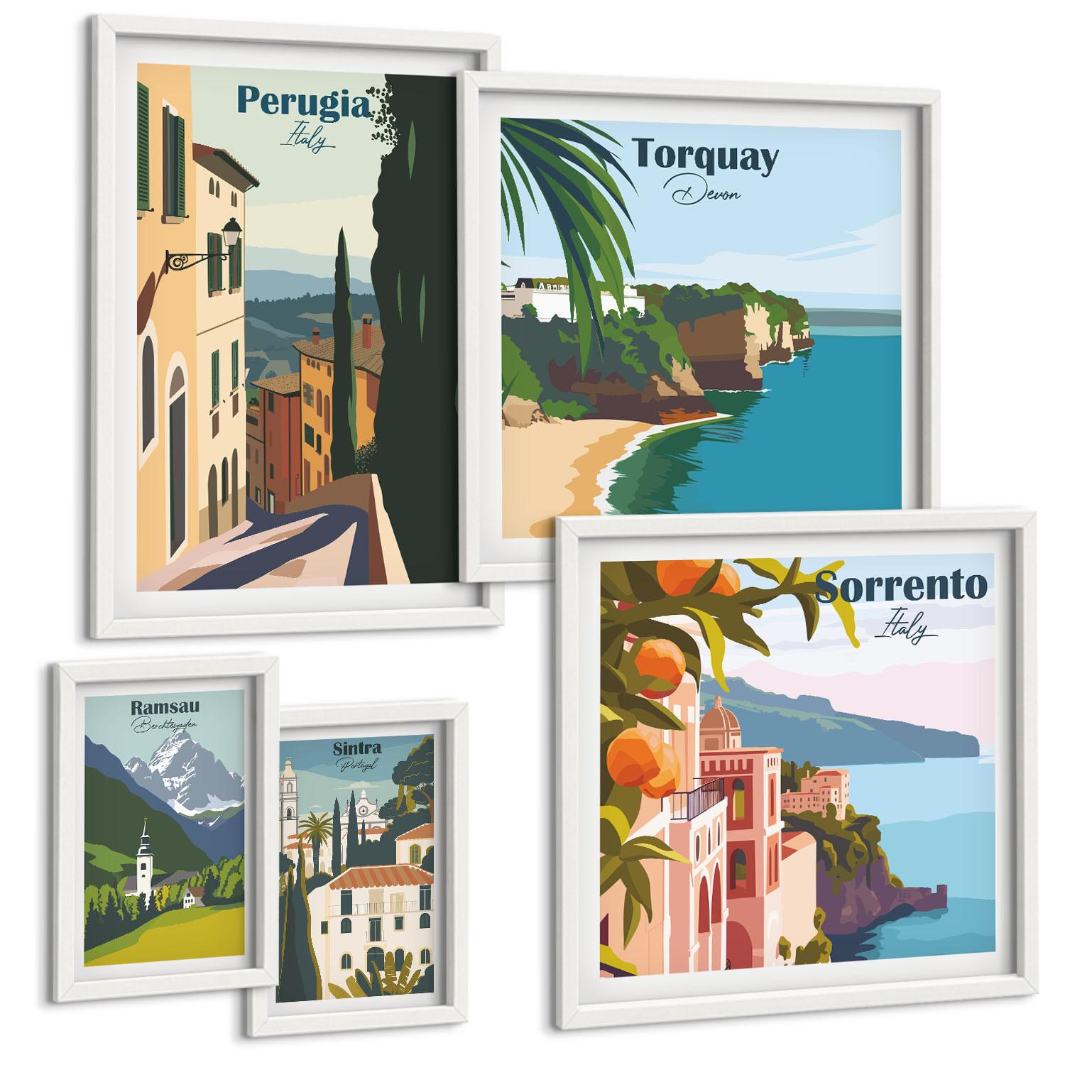 BILDER SET 5er Set - 50x50 cm & 20x30 cm & 40x60 cm Weißer Rahmen - Ansichten europäischer Häfen - Weiß, Kunststoff (40/60cm) - TULUP