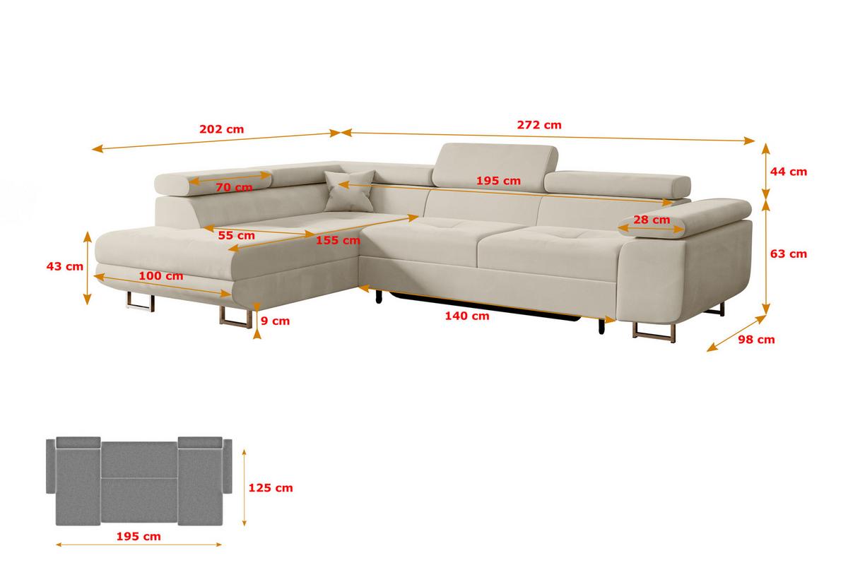 ECKSOFA mit Schlaffunktion und Bettkasten GUSA-L 272x202x107 cm Beige Velours - Beige/Silberfarben, Holzwerkstoff/Textil (202/272cm) - ALTDECOR
