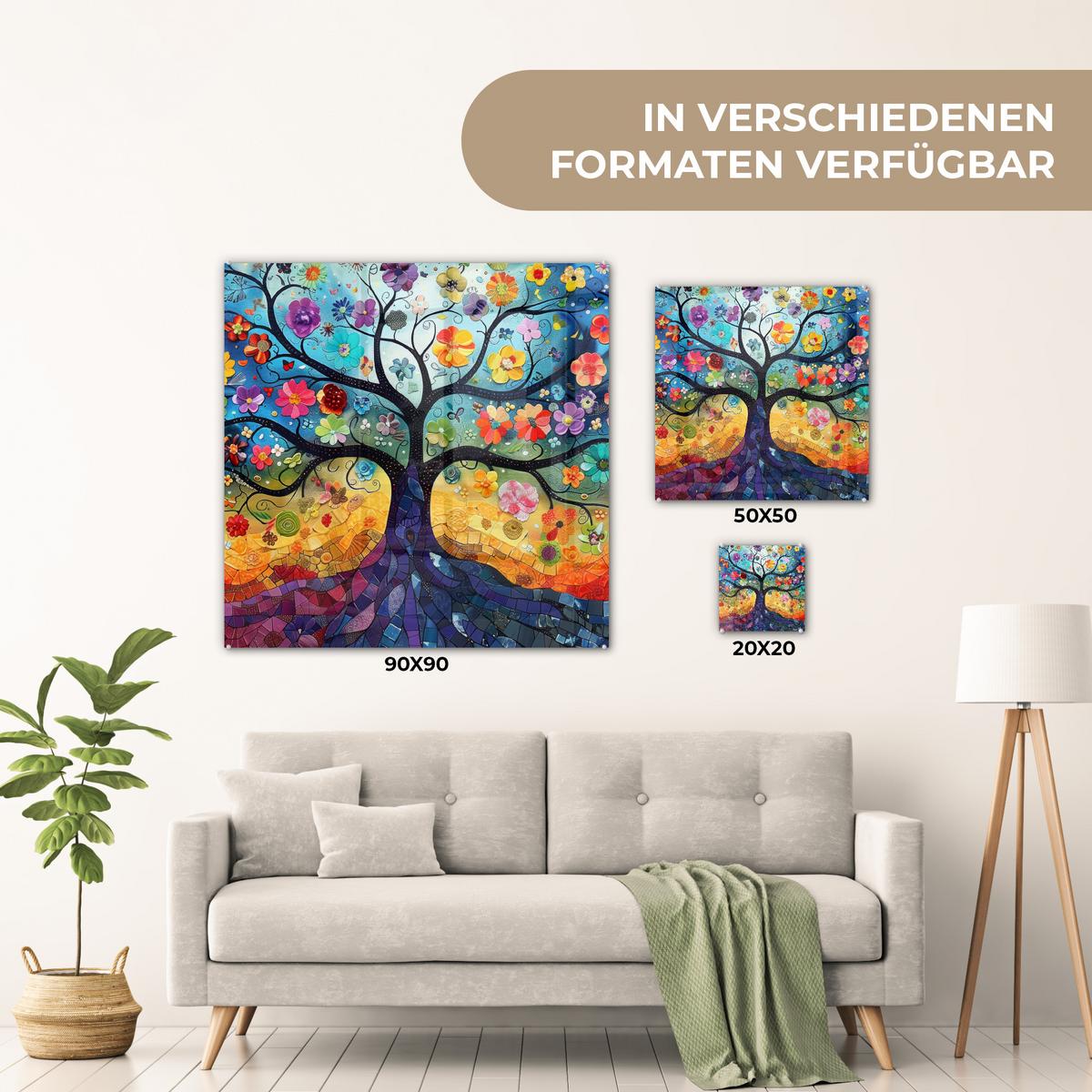 ACRYLGLASBILD Kunst - Baum des Lebens - Blumen - Hippie 90x90 cm - Dunkelblau, Glas (90/90cm) - MuchoWow