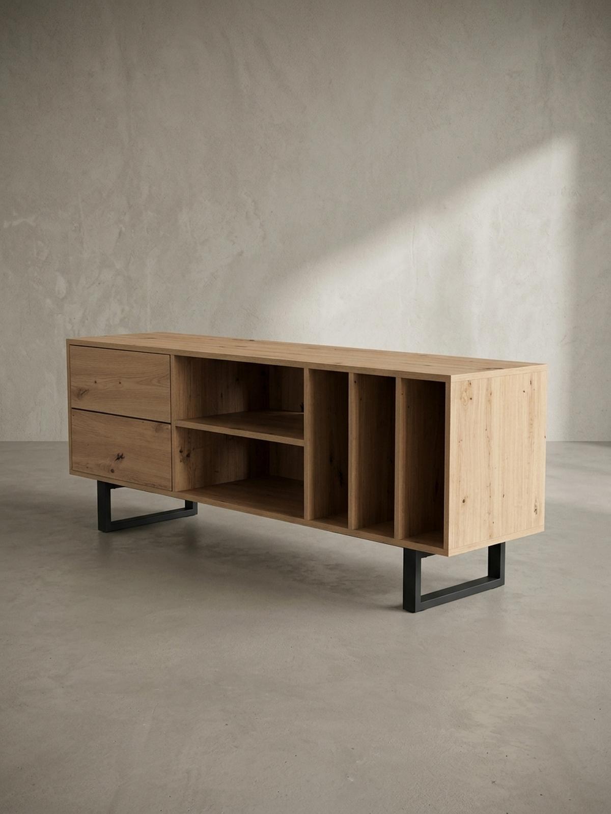 TV-LOWBOARD mit Eiche-Dekor, Schubladen und offenes Regal, modern, Braun 150x40x55 cm - Schwarz/Braun, Holzwerkstoff/Metall (150/55/40cm) - KADIMA DESIGN