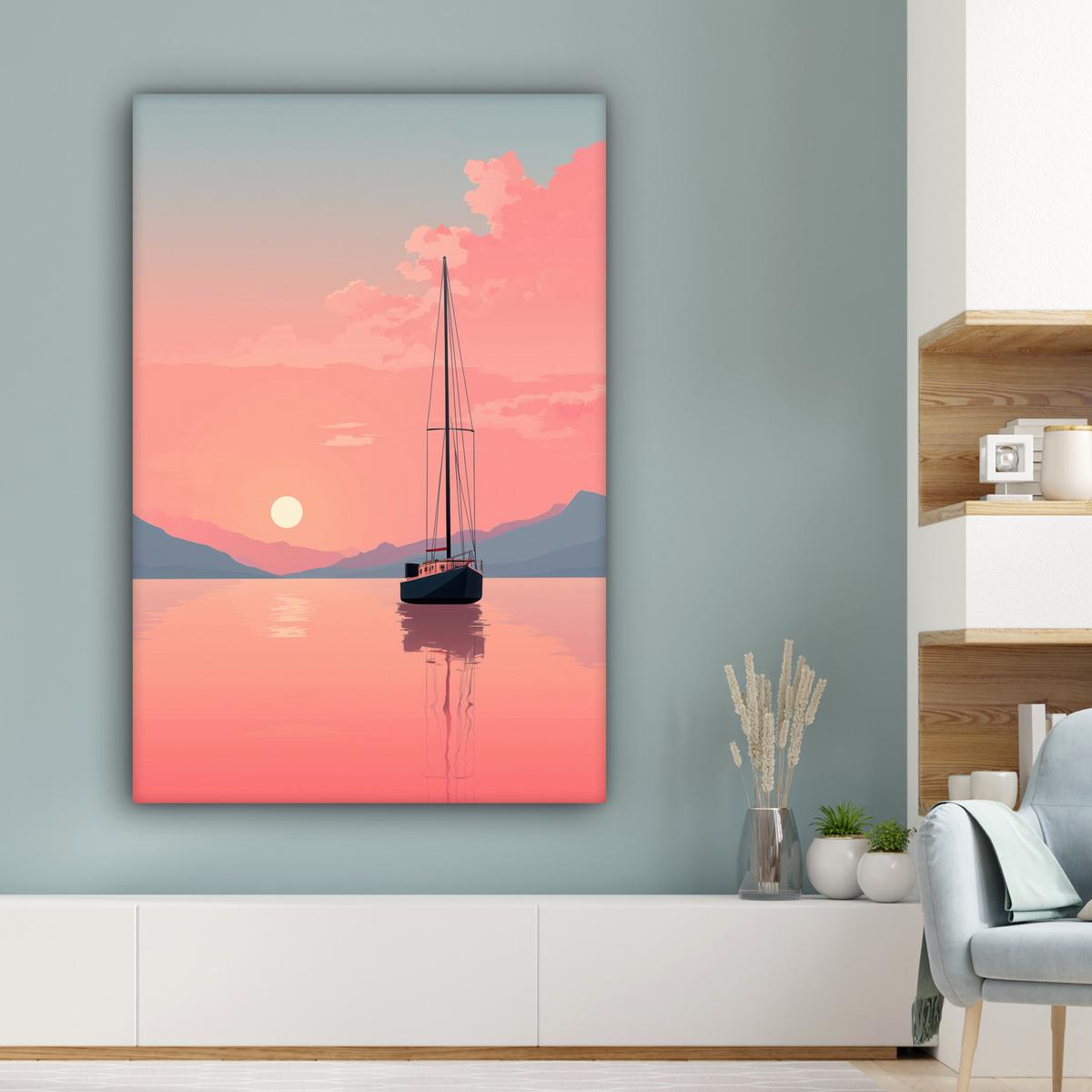 LEINWANDBILD Segelboot - Rosa Meer - Sonnenuntergang - Berge Deko XXL 80x120 cm - Rosa, Textil (80/120cm) - MuchoWow