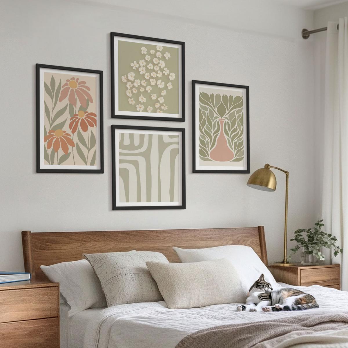 BILDER SET 4er Set - 50x50 cm & 40x60 cm Schwarzer Rahmen - Floraler minimalistischer Boho-Stil - Schwarz, Kunststoff (50/50cm) - TULUP