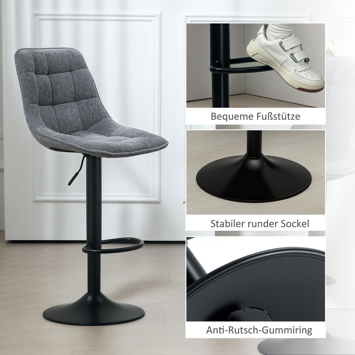 BARHOCKER 2er-Set, Gepolstert Barstuhl mit Lehne, Chenille-Optik Dunkelgrau - Dunkelgrau/Schwarz, Kunststoff/Textil (47/115.5/48cm) - HOMCOM