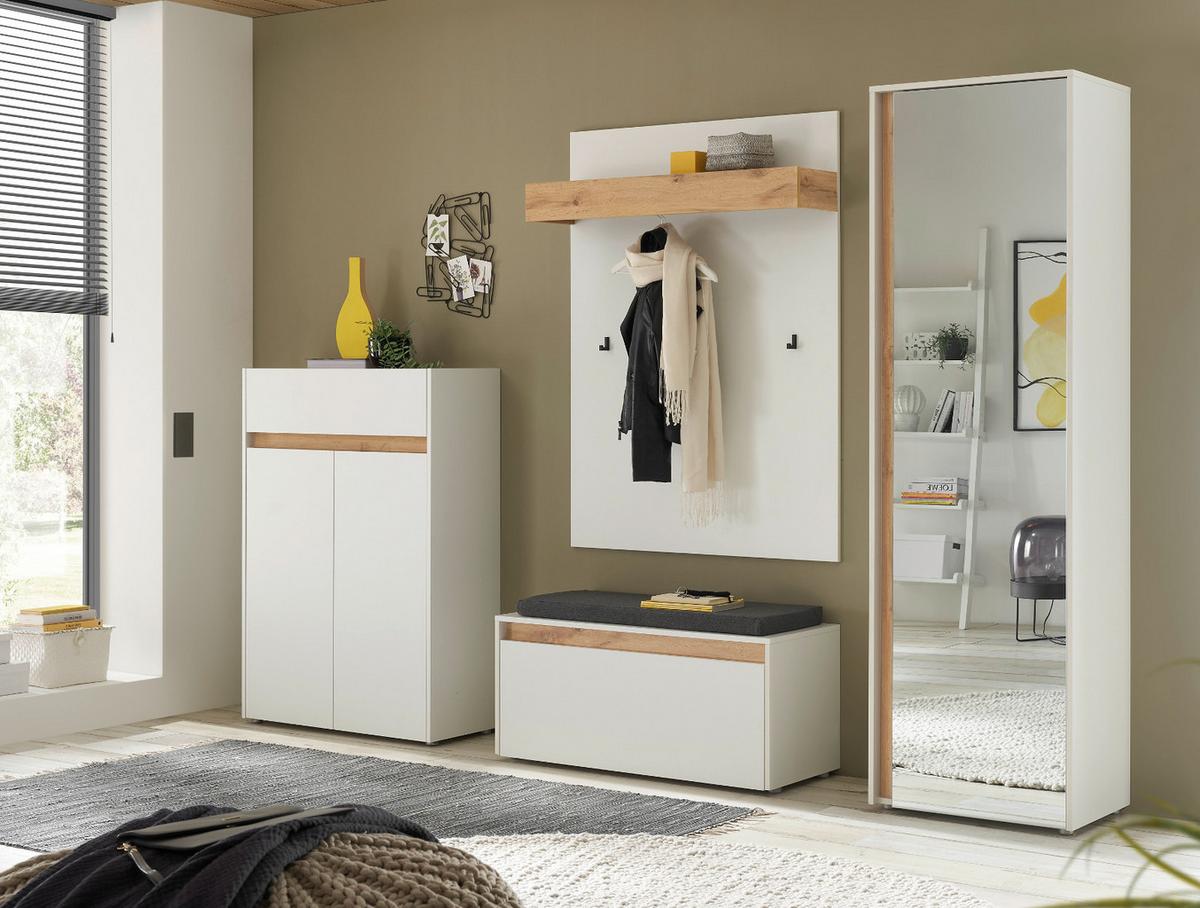 GARDEROBEN-SET 5-teilig weiß matt, Eiche Wotan 265 cm, Flurgarderobe mit viel Stauraum - Eiche Wotan/Schwarz, Glas/Holzwerkstoff (265/200/40cm) - Furn.Design