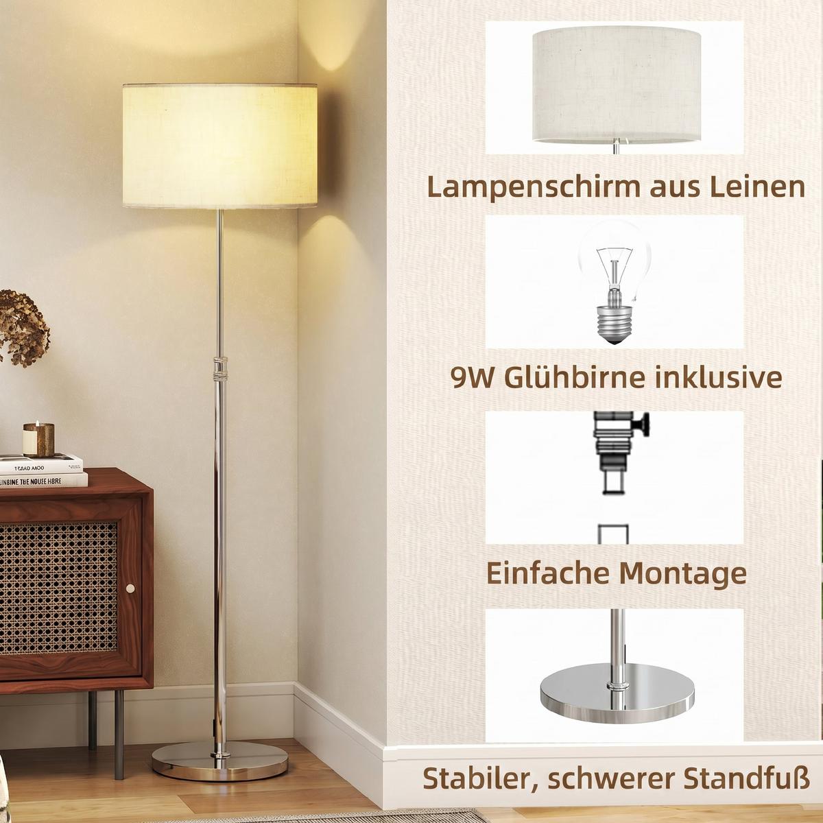 STEHLEUCHTE Stahl Leinenstoff Beige - Beige, Metall (40/40/168cm) - HOMCOM