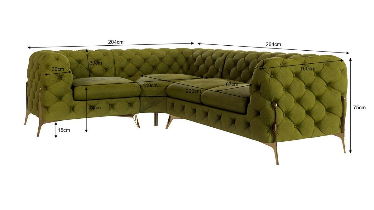 ECKSOFA Chesterfield Lexi Olive Samt, Ottomane links - Goldfarben/Olivgrün, Holz/Textil (264/204cm) - S-Style