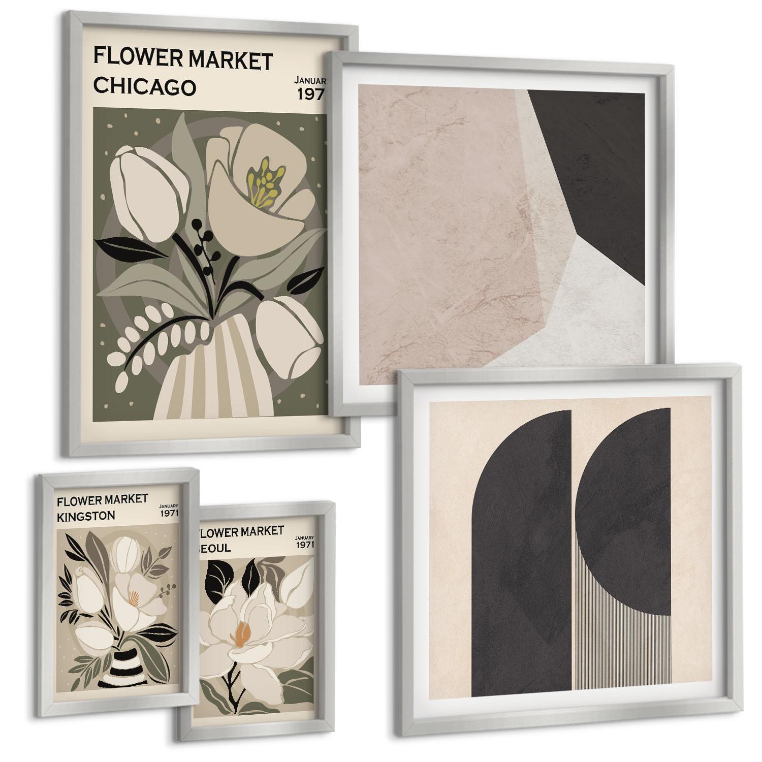 BILDER SET 5er Set - 50x50 cm & 20x30 cm & 40x60 cm Silberner Rahmen - Kingston Seoul Retro-Blumen - Silberfarben, Kunststoff (40/60cm) - TULUP
