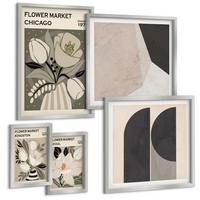 BILDER SET 5er Set - 50x50 cm & 20x30 cm & 40x60 cm Silberner Rahmen - Kingston Seoul Retro-Blumen - Silberfarben, Kunststoff (40/60cm) - TULUP