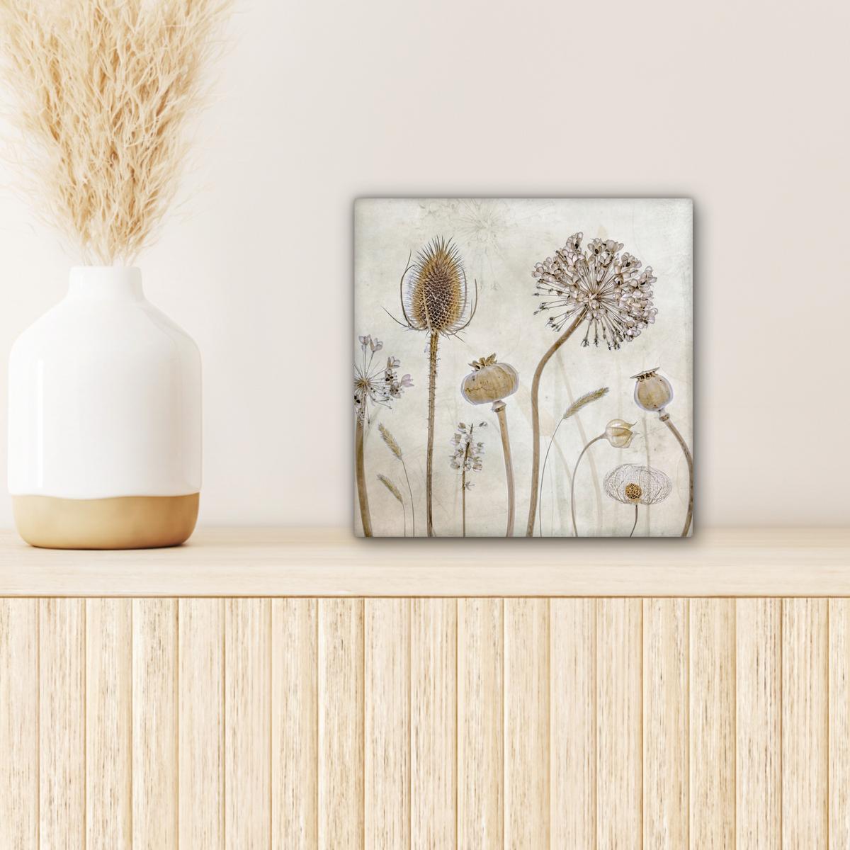 LEINWANDBILD Blumen - Aquarell - Stilleben - Braun - Vintage Deko Wohnzimmer 20x20 cm - Beige, Textil (20/20cm) - MuchoWow