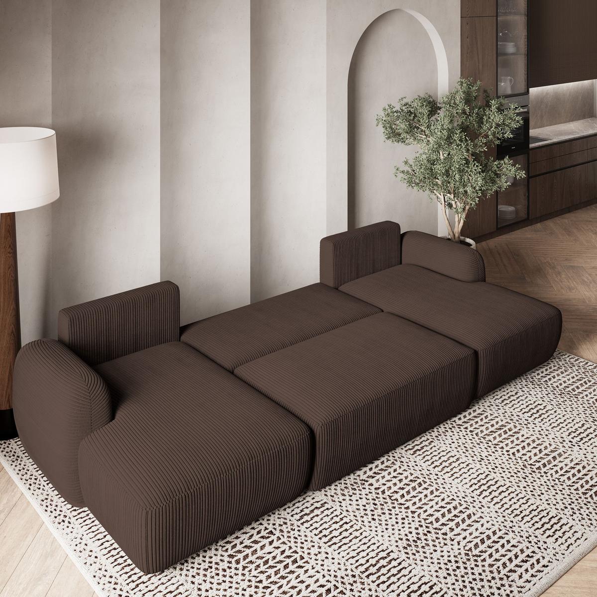 WOHNLANDSCHAFT SAVONA P Braun Kordstoff mit Schlaffunktion - Schwarz/Braun, Holz/Kunststoff (320/90/148cm) - MASSENO