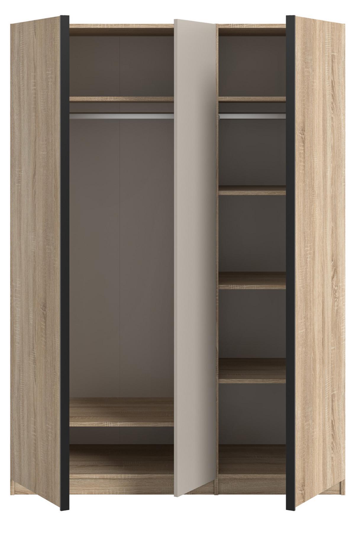 KLEIDERSCHRANK Eiche Sonoma, Kaschmir 3-türig 130 x 183 cm, Drehtürenschrank inklusive Einlegeböden - Kaschmir/Eichefarben, Holzwerkstoff/Kunststoff (130/183/53cm) - Inn.Furn