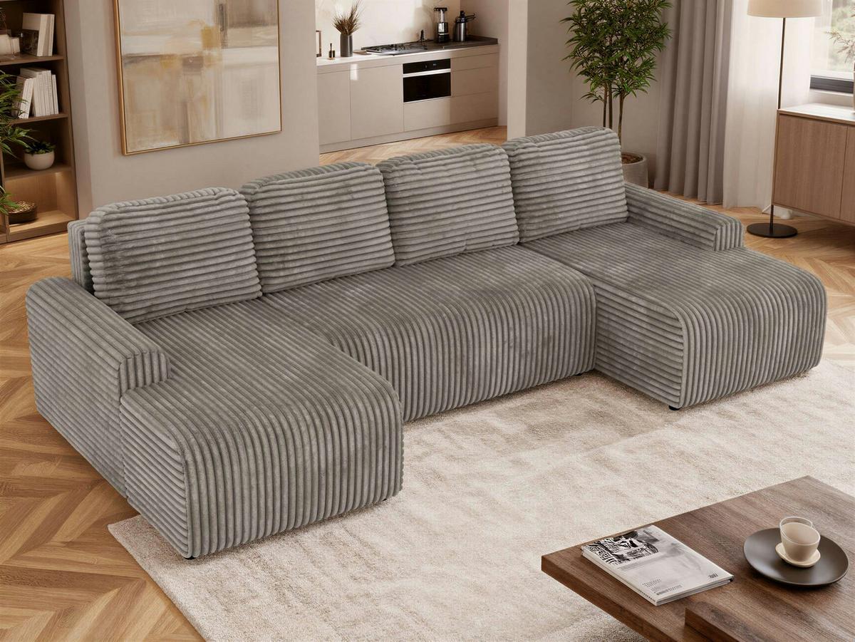 WOHNLANDSCHAFT NESSARO U Hellbraun Cord - Hellbraun/Schwarz, Kunststoff/Textil (312/92/151cm) - MKS