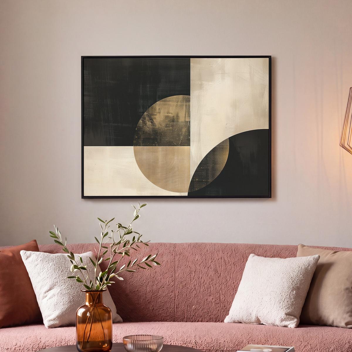 LEINWAND Bilder mit Rahmen - Abstrakt - Geometrische Formen - Schwarz - Gold - 80x60 - Ecru, Textil (80/60cm) - MuchoWow