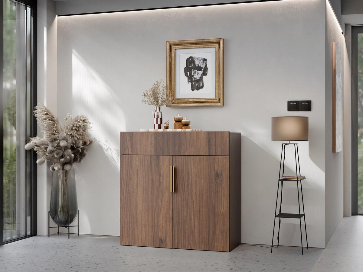KOMMODE Kerkin 2D1S - Goldfarben/Nussbaumfarben, Holzwerkstoff/Kunststoff (100/100/42cm) - MIRJAN24