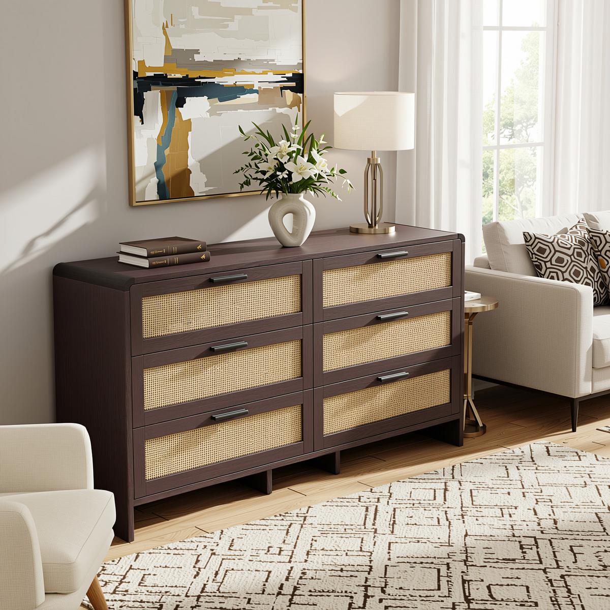 SIDEBOARD holzwerkstoff in rotbraun mit rattan-geflecht, abgerundete ecken & 6 schubladen - Walnussfarben, Holzwerkstoff (130/74/40cm) - Urban Meuble