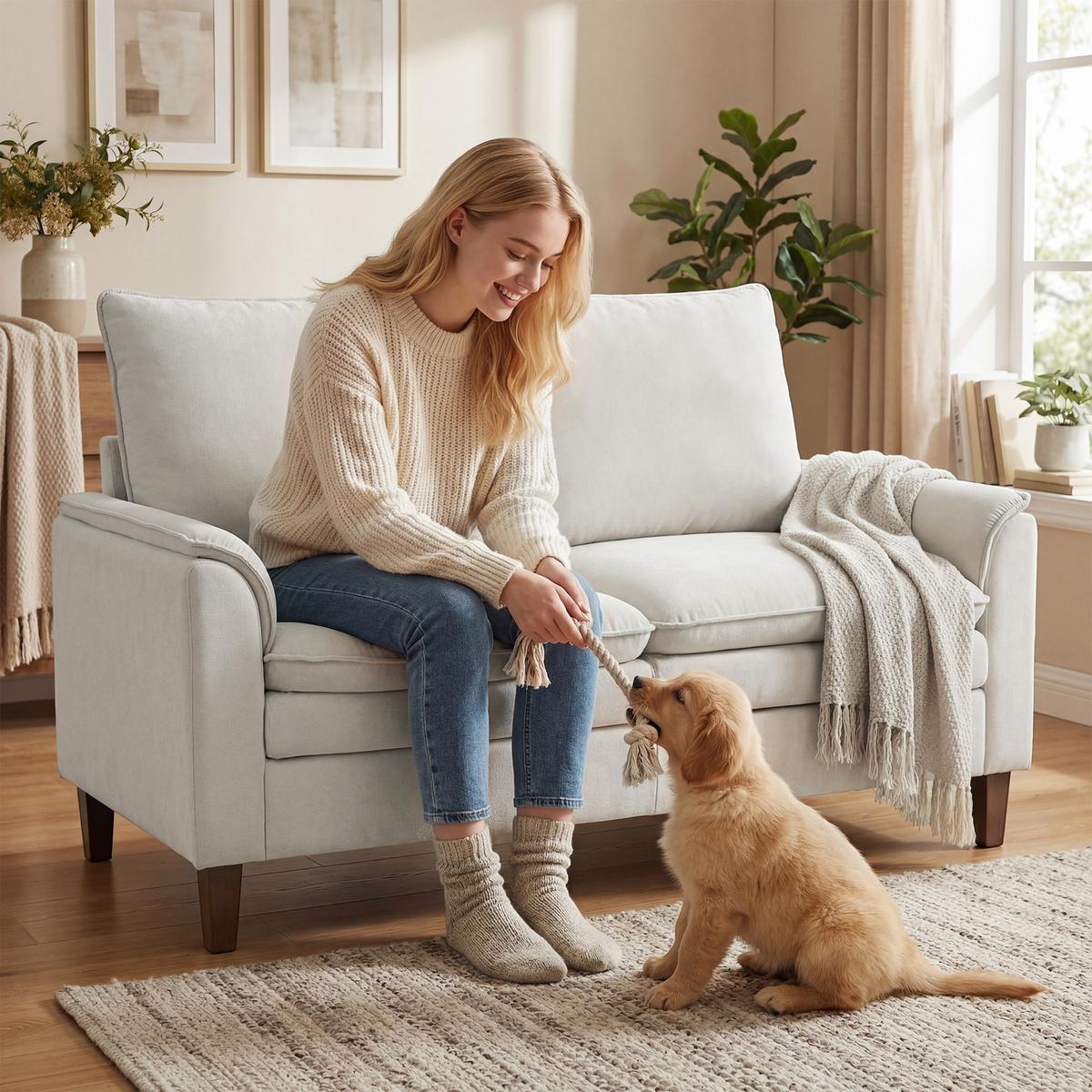 2-SITZER-SOFA Chenille Cremeweiß - Creme, Textil (84/95/146cm) - HOMCOM