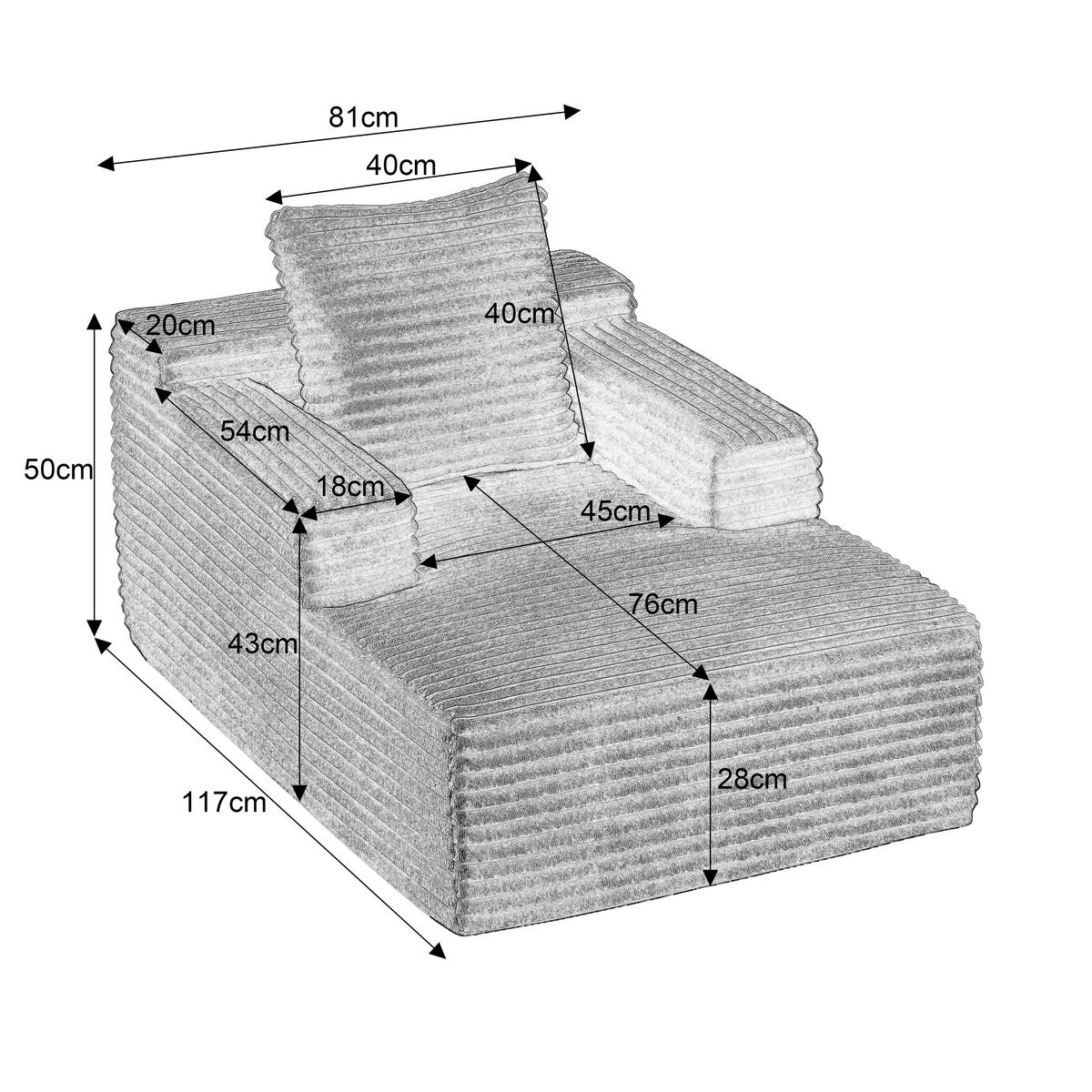 CHAISELONGUE Modernes Cord-Sofa Relaxsessel ohne Montage - Grün, Textil (81/50/117cm) - Urban Meuble