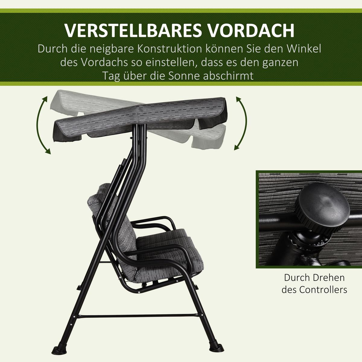 HOLLYWOODSCHAUKEL, Verstellbares Sonnendach, Texteline, Grau, 200 x 120 x 170 cm - Schwarz, Metall (120/170/200cm) - Outsunny