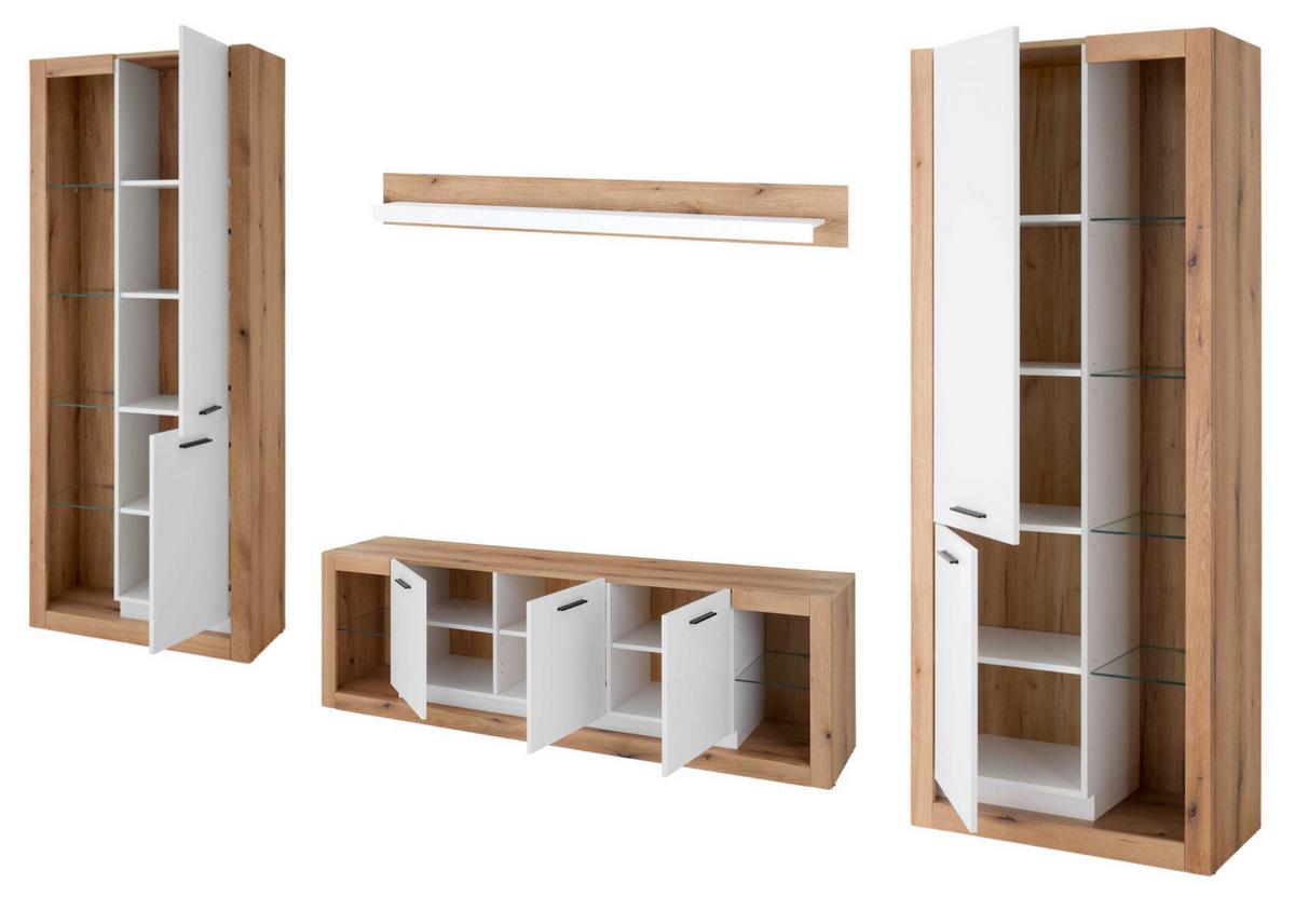 WOHNWAND weiß matt, Evoke Eiche, Wohnkombination Set 4-teilig 398 cm - Eichefarben/Silberfarben, Glas/Holzwerkstoff (398/195/43cm) - Furn.Design