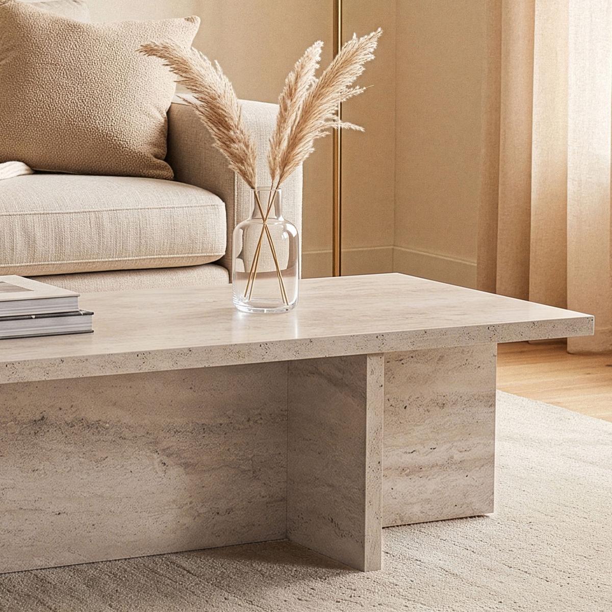 COUCHTISCH mit rechteckiger Platte und asymmetrischem Fuß L120 cm - HARBOR - Beige, Holzwerkstoff (120/45/30cm) - Calicosy