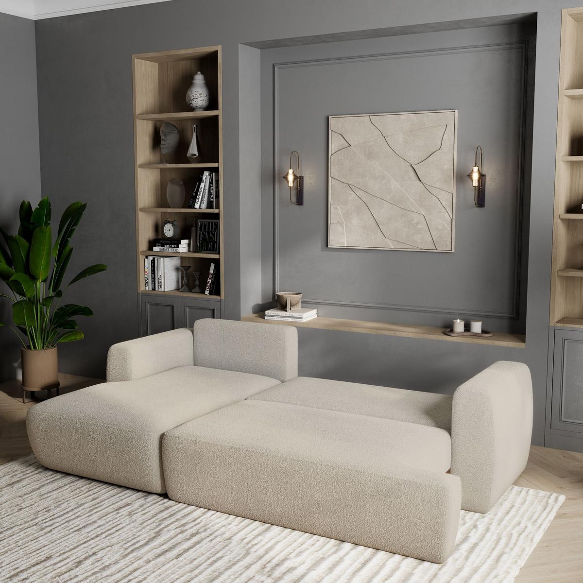 ECKSOFA SENTI N L-S Creme Boucle-Stoff mit Schlaffunktion - Creme/Schwarz, Holz/Kunststoff (246/148cm) - MASSENO