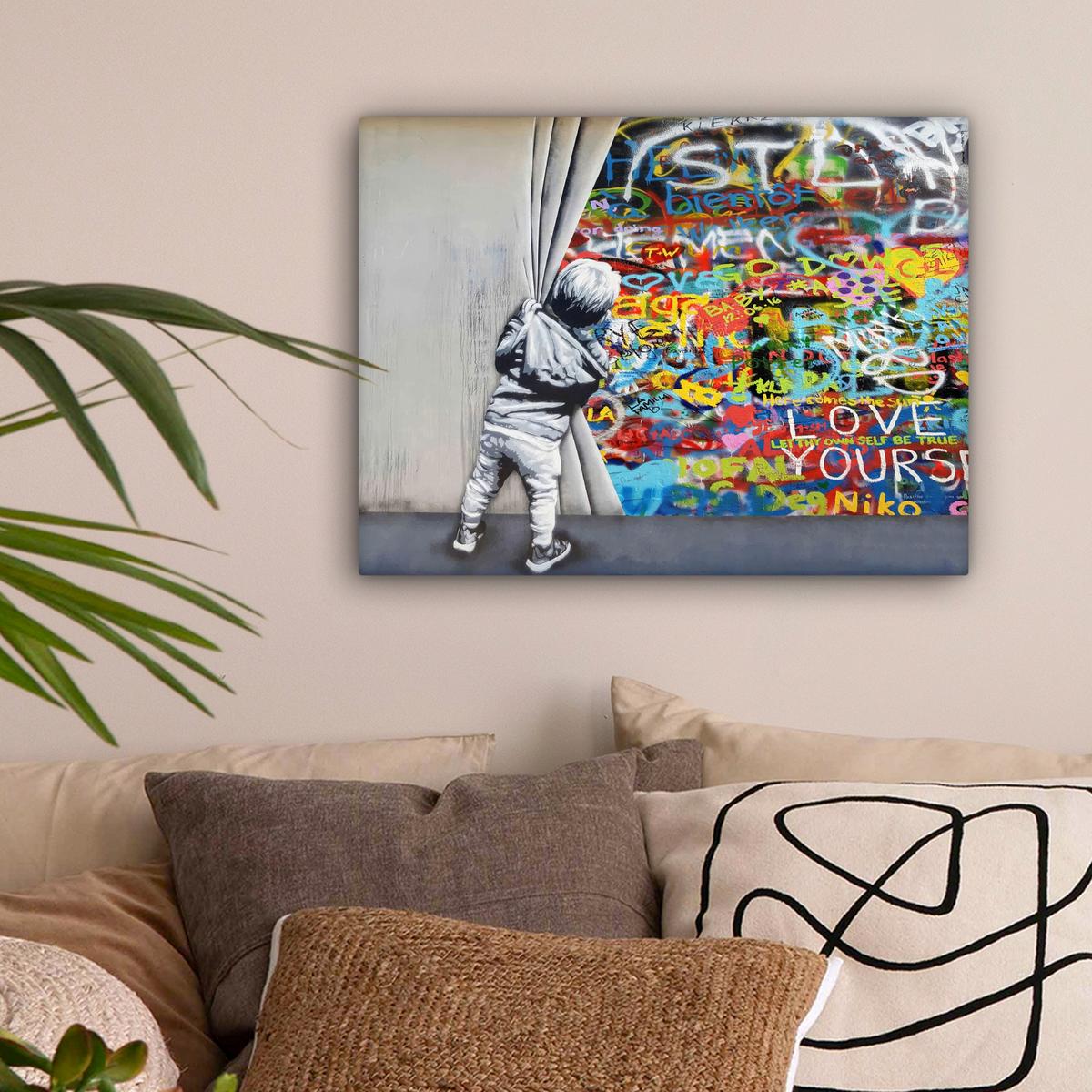 LEINWANDBILD Graffiti - Junge - Ilussie - Straßenkunst Wandbild 40x30 cm - Hellgrau, Textil (40/30cm) - MuchoWow