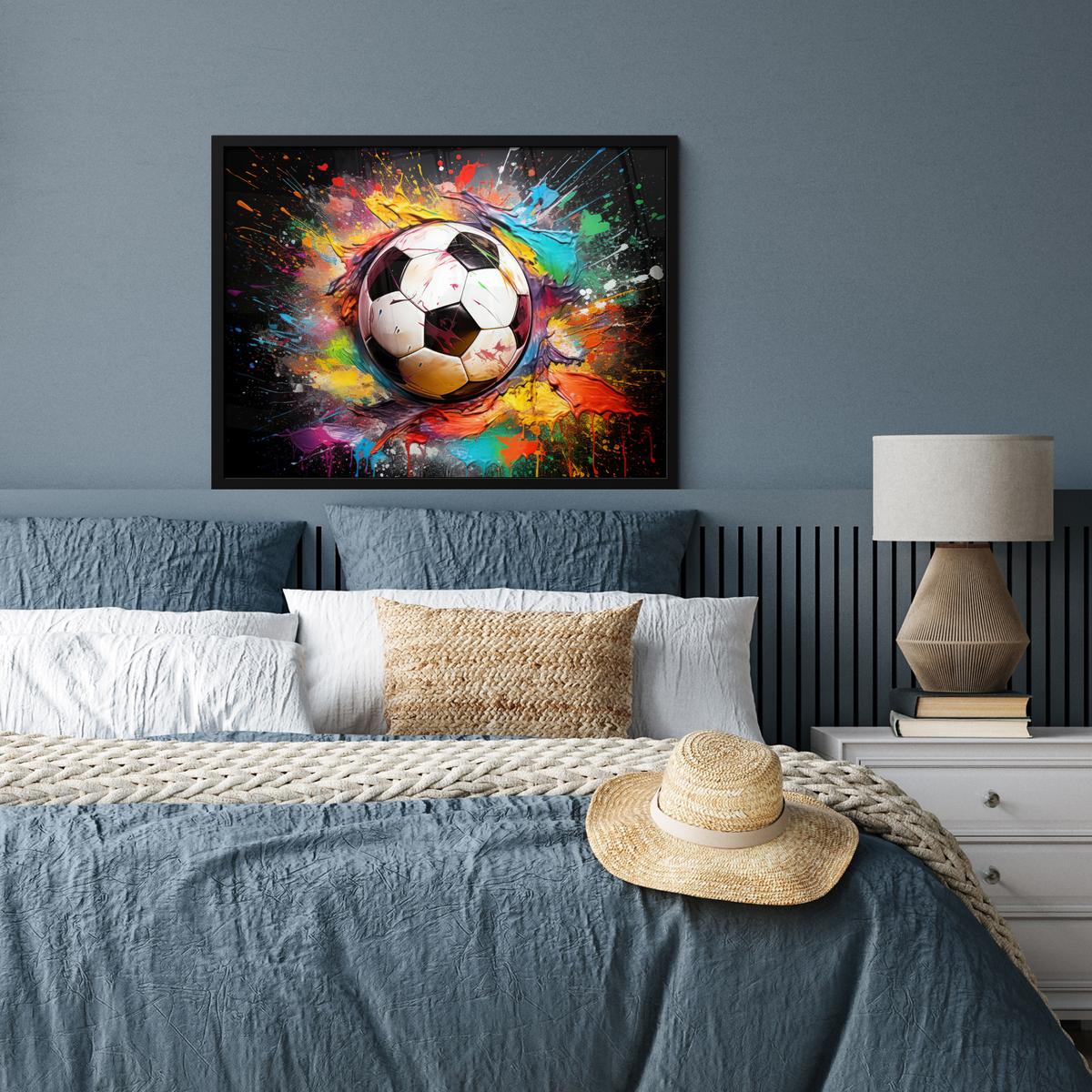 POSTER MIT RAHMENGERAHMTES BILD Fußball - Farbe - Farben - Schwarz - Weiß 80x60 cm - Weiß, Papier (80/60cm) - MuchoWow