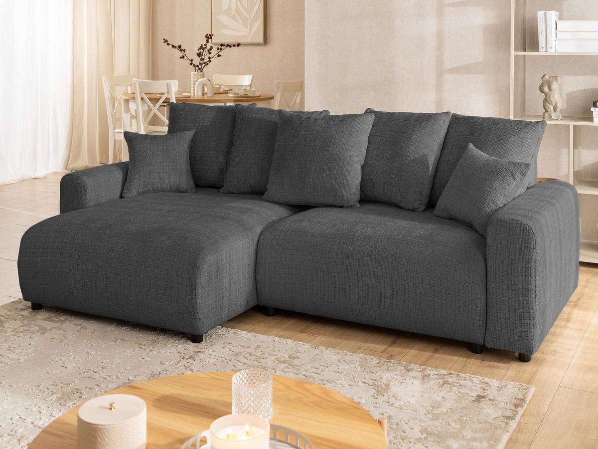 ECKSOFA Calma mit Schlaffunktion und Bettkasten im Bumpy-Design aus weichem Grau Chenille-Stoff - Ottomane links - Beige/Schwarz, Holz/Kunststoff (140/239cm) - S-Style Möbel