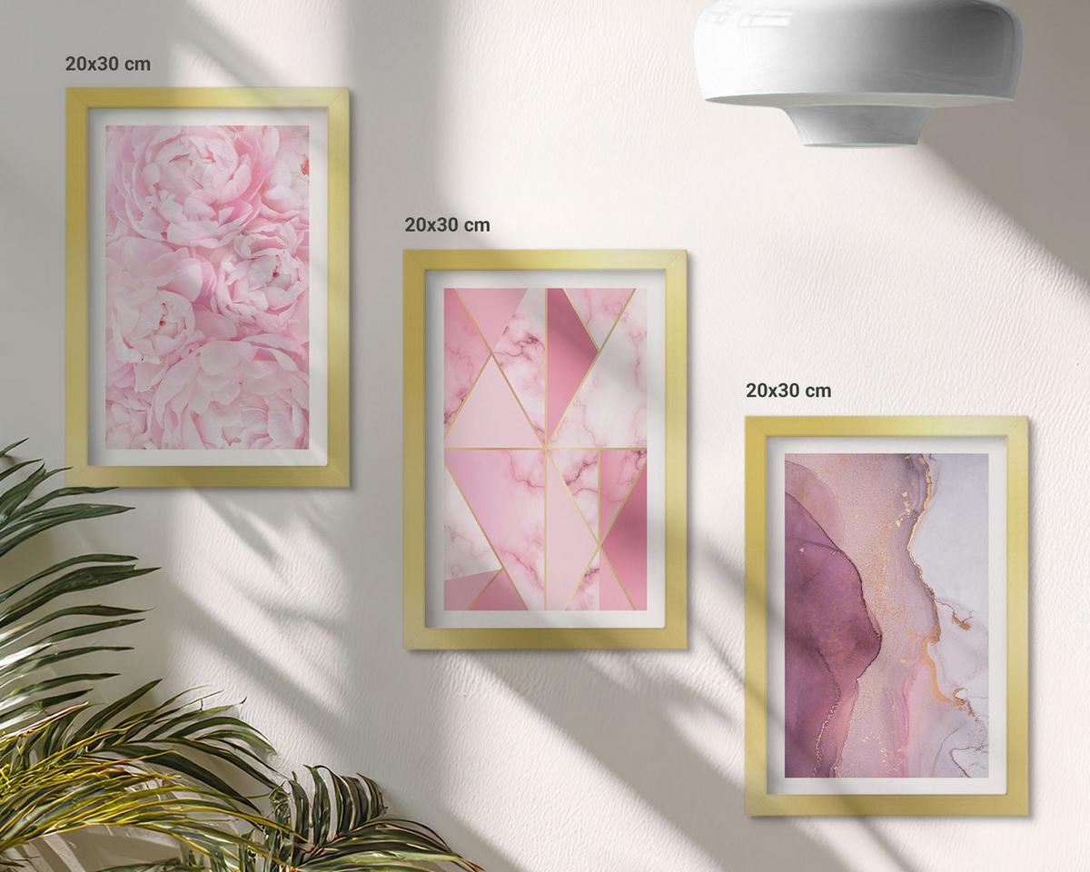 BILDER SET 3er Set - 20x30 cm Goldrahmen - Rosa geometrische Pfingstrosen - Goldfarben, Kunststoff (20/30cm) - TULUP