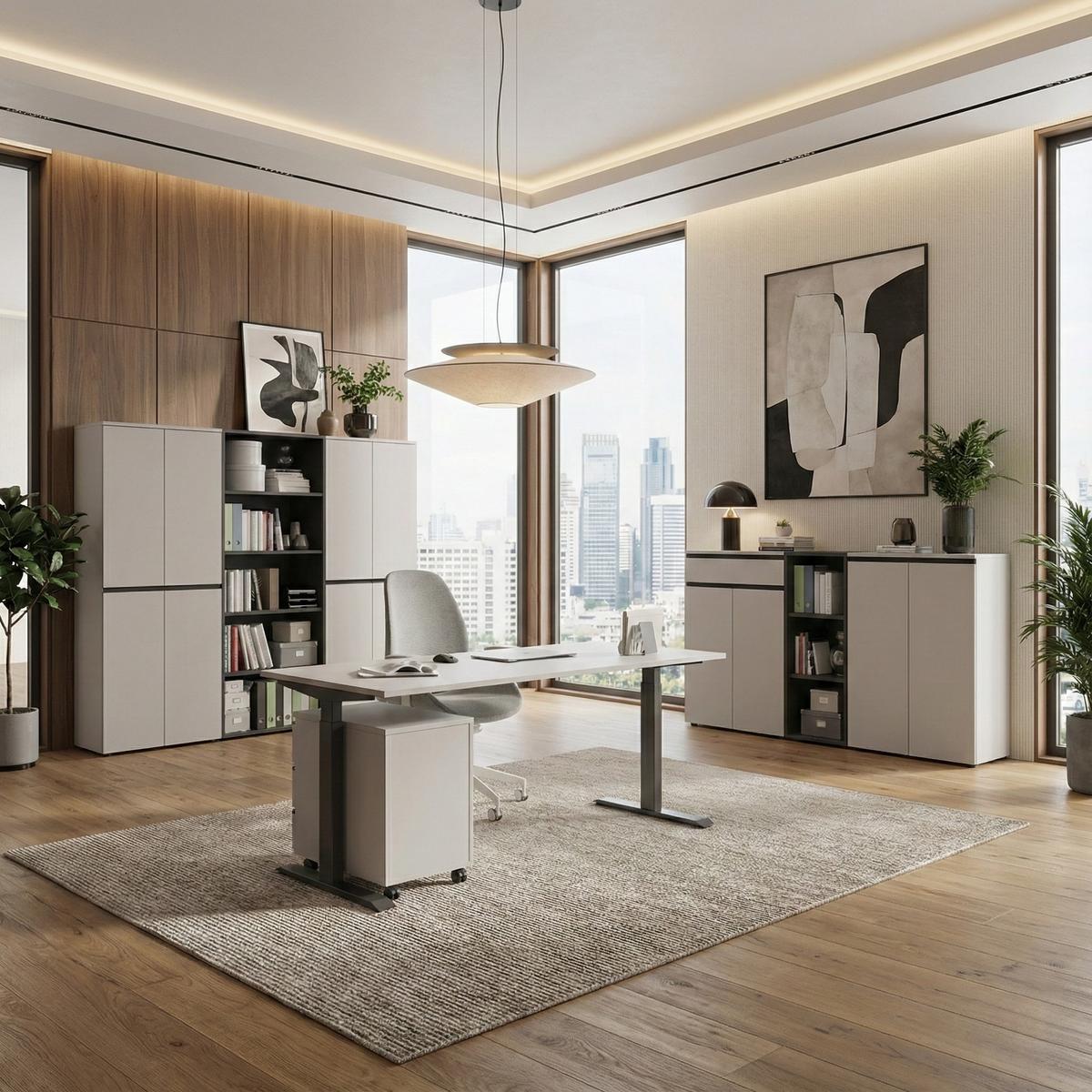 BÜROMÖBEL Set 2-teilig | Schreibtisch 140x80cm & Rollcontainer Greige/Schwarz | Einstellbar 68-91 cm & Soft-Close - Beige, Holzwerkstoff/Metall (80/195/91cm) - KADIMA DESIGN