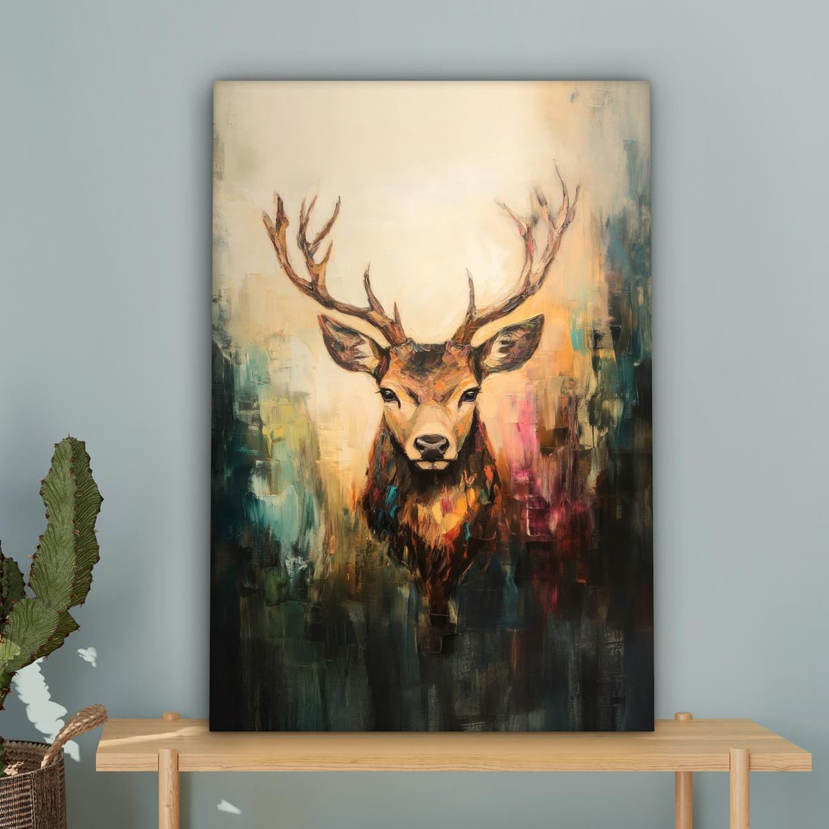 LEINWANDBILD Hirsch - Gemalt - Geweih - Braun Wanddeko Schlafzimmer 60x90 cm - Haselnussfarben, Textil (60/90cm) - MuchoWow