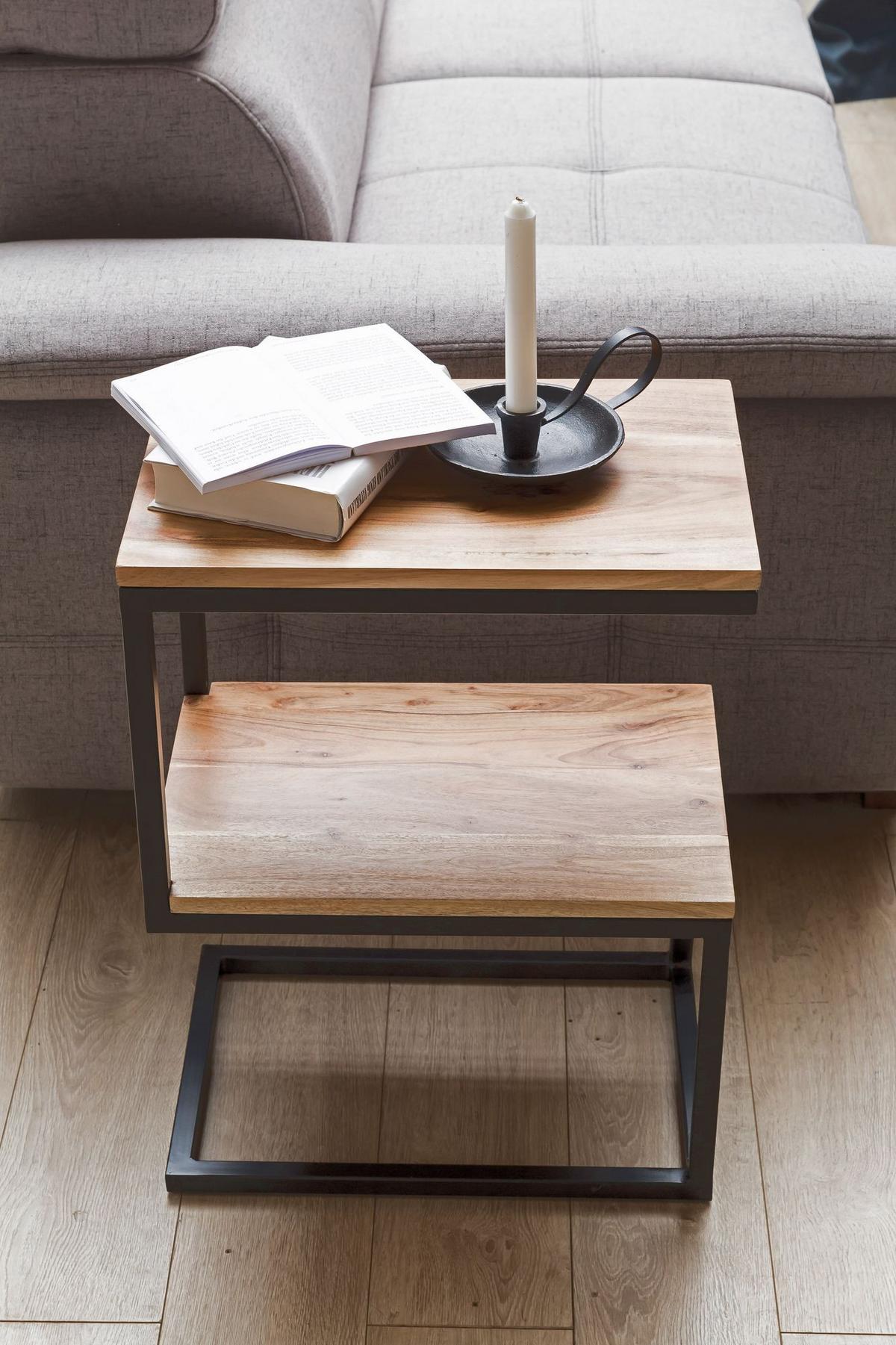 BEISTELLTISCH Massivholz Metall S-Form Landhausstil AKOLA, Akazie 30x45x60 cm - Schwarz/Akaziefarben, Holz/Metall (45/30/60cm) - KADIMA DESIGN