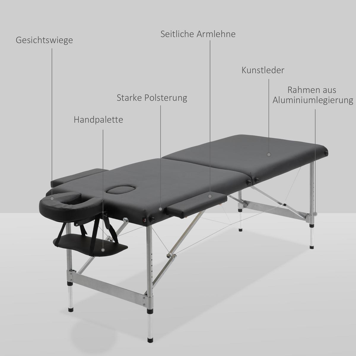 MASSAGELIEGE klappbar Massagebett max. 130 kg Belastbar Kunstleder, Schwarz - Schwarz, Metall (70/82/185cm) - HOMCOM