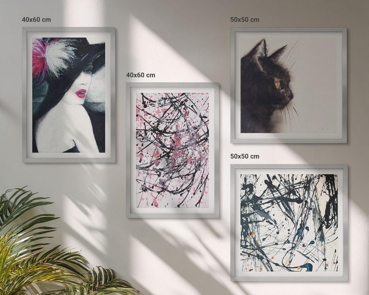 BILDER SET 4er Set - 50x50 cm & 40x60 cm Silberner Rahmen - Abstrakte Katzenmalereien - Silberfarben, Kunststoff (50/50cm) - TULUP
