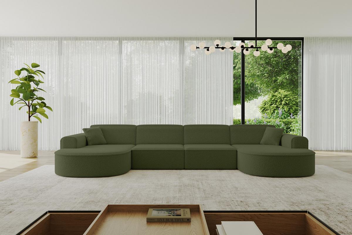 WOHNLANDSCHAFT MARI-U2 - 388x171x79 cm Grün Bouclé - Schwarz/Grün, Holzwerkstoff/Kunststoff (388/79/171cm) - ALTDECOR