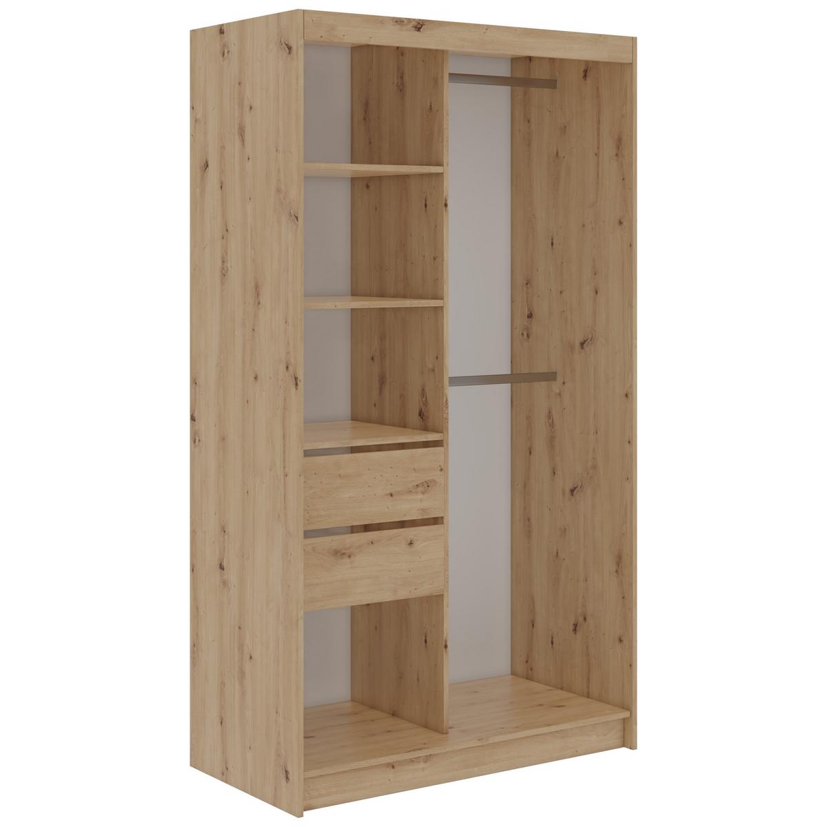 SCHWEBETÜRENSCHRANK mit Schubladen 120 - SKORIA - Eiche Artisan mit Spiegel - Alufarben/Eiche Artisan, Holzwerkstoff/Metall (120/216/61cm) - MKS